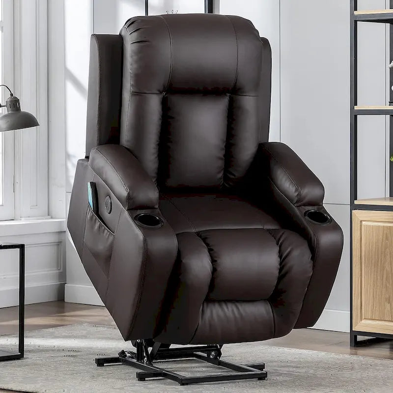 Fauteuil releveur électrique grand format avec massage et chauffage, cuir PU, port USB, porte-gobelets et poches