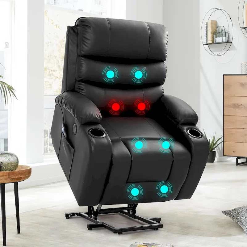 Fauteuil releveur électrique grand format avec massage et chauffage, cuir PU, port USB, porte-gobelets et poches