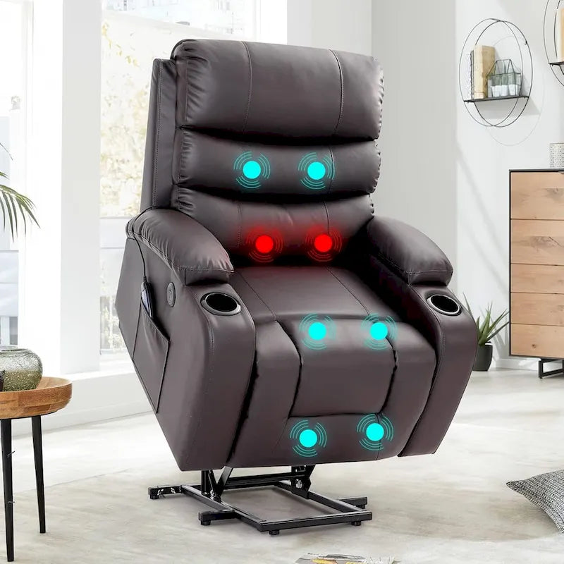 Fauteuil releveur électrique grand format avec massage et chauffage, cuir PU, port USB, porte-gobelets et poches