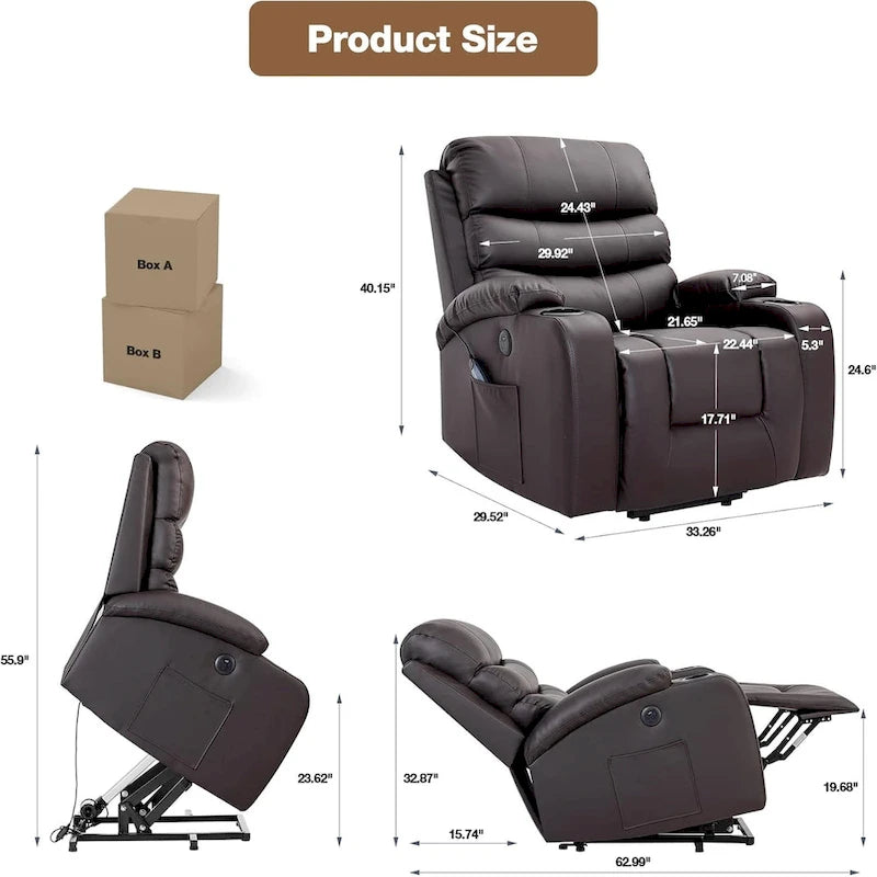 Fauteuil releveur électrique grand format avec massage et chauffage, cuir PU, port USB, porte-gobelets et poches