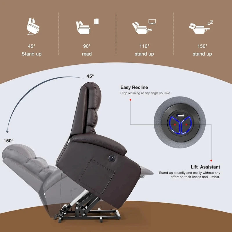 Fauteuil releveur électrique grand format avec massage et chauffage, cuir PU, port USB, porte-gobelets et poches