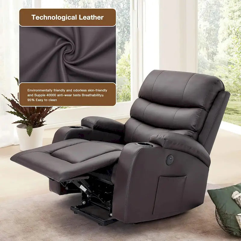 Übergroßer elektrischer Aufstehsessel mit Massage und Wärmefunktion, Kunstleder, USB-Anschluss, Getränkehaltern und Taschen