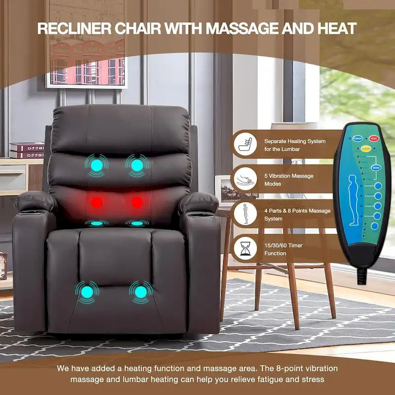 Übergroßer elektrischer Aufstehsessel mit Massage und Wärmefunktion, Kunstleder, USB-Anschluss, Getränkehaltern und Taschen