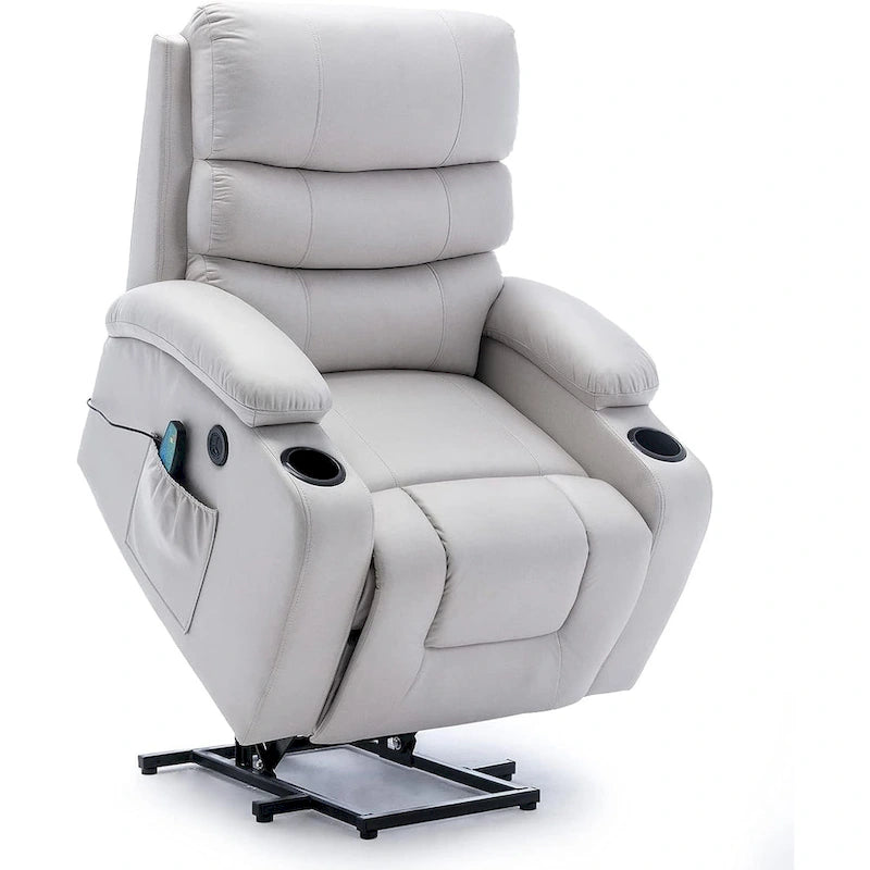 Übergroßer elektrischer Aufstehsessel mit Massage und Wärmefunktion, Kunstleder, USB-Anschluss, Getränkehaltern und Taschen