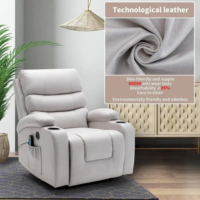 Übergroßer elektrischer Aufstehsessel mit Massage und Wärmefunktion, Kunstleder, USB-Anschluss, Getränkehaltern und Taschen