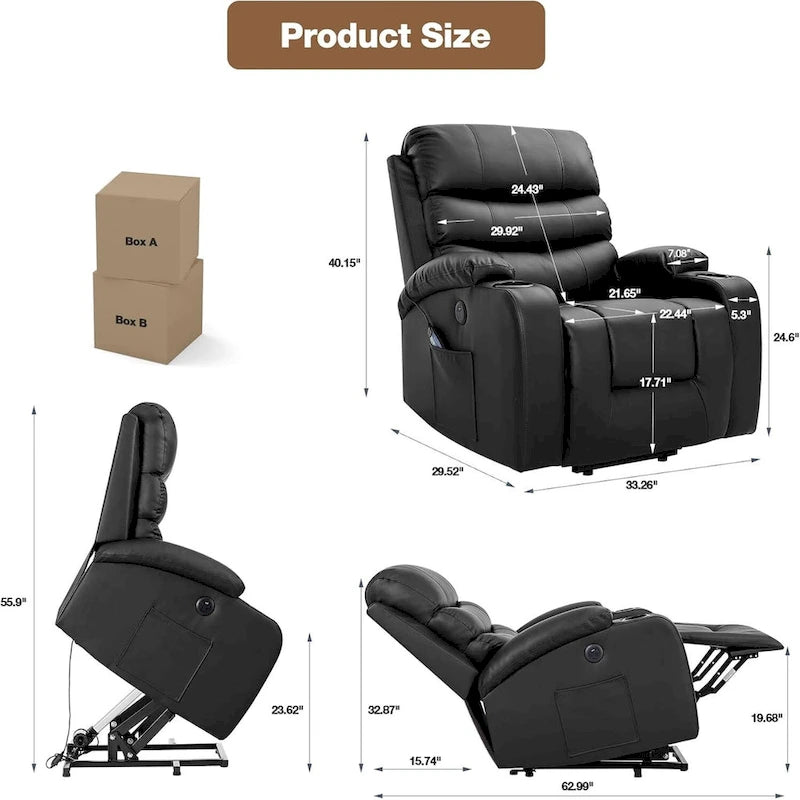 Übergroßer elektrischer Aufstehsessel mit Massage und Wärmefunktion, Kunstleder, USB-Anschluss, Getränkehaltern und Taschen
