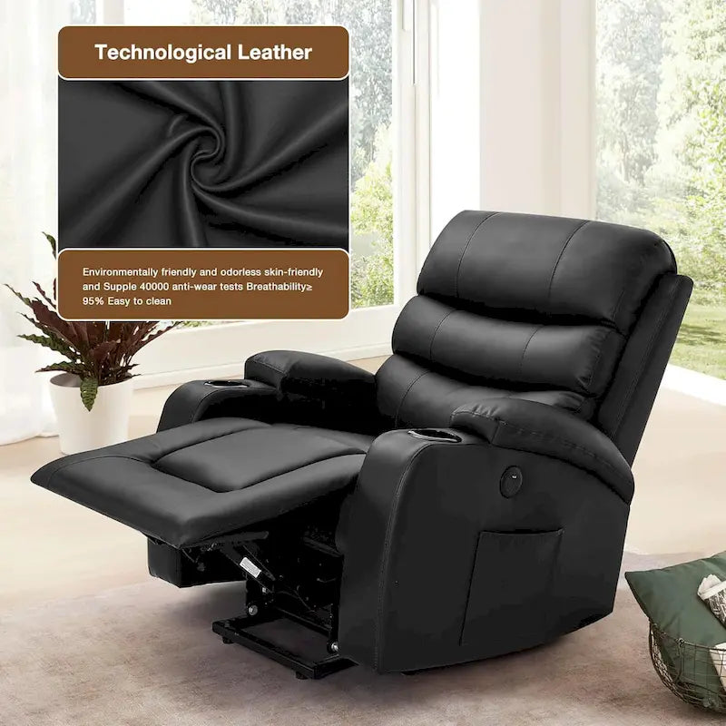 Übergroßer elektrischer Aufstehsessel mit Massage und Wärmefunktion, Kunstleder, USB-Anschluss, Getränkehaltern und Taschen