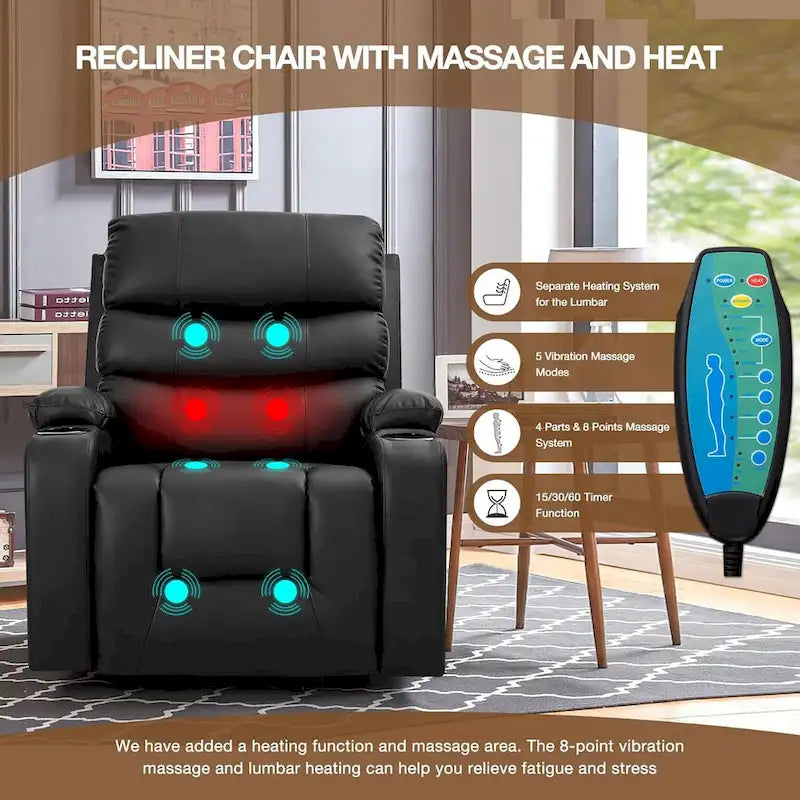 Übergroßer elektrischer Aufstehsessel mit Massage und Wärmefunktion, Kunstleder, USB-Anschluss, Getränkehaltern und Taschen