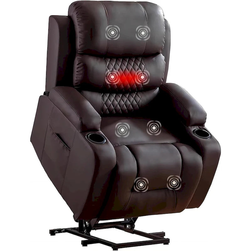 Übergroßer elektrischer Aufstehsessel mit Massage und Wärmefunktion, Kunstleder, USB-Anschluss, Getränkehaltern und Taschen