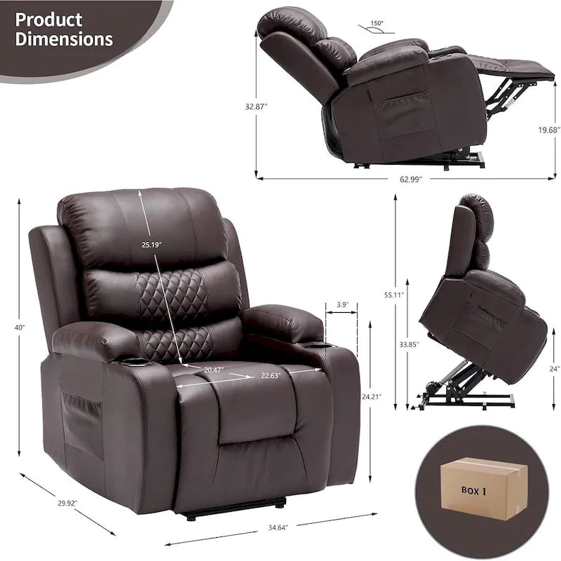 Übergroßer elektrischer Aufstehsessel mit Massage und Wärmefunktion, Kunstleder, USB-Anschluss, Getränkehaltern und Taschen