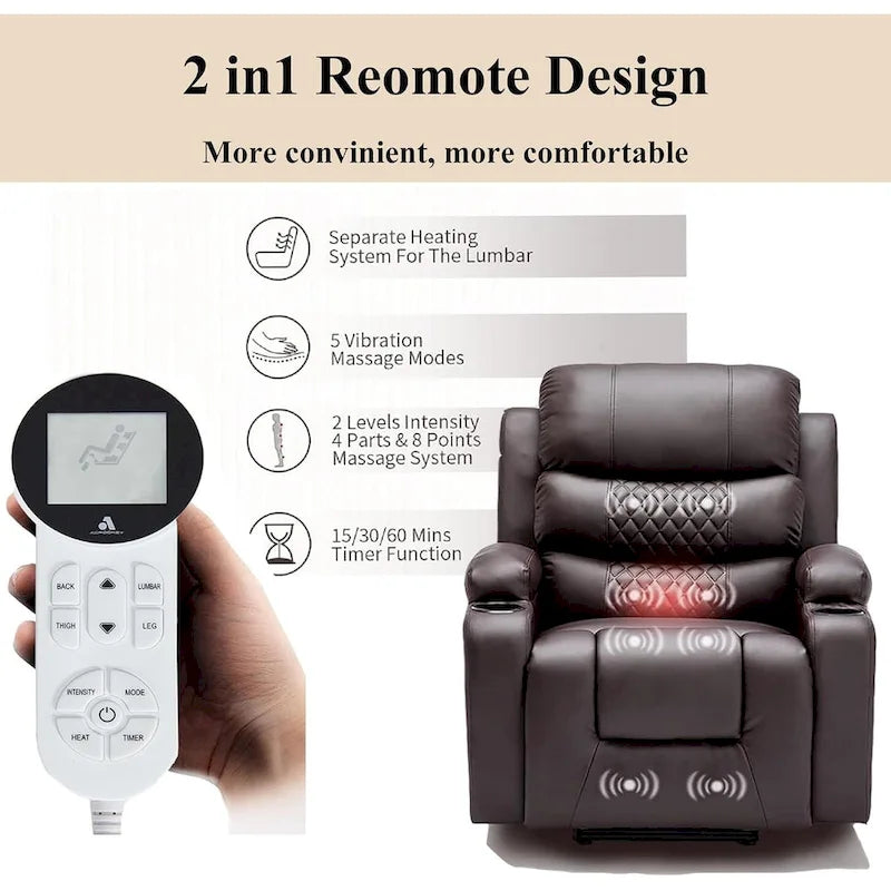 Übergroßer elektrischer Aufstehsessel mit Massage und Wärmefunktion, Kunstleder, USB-Anschluss, Getränkehaltern und Taschen