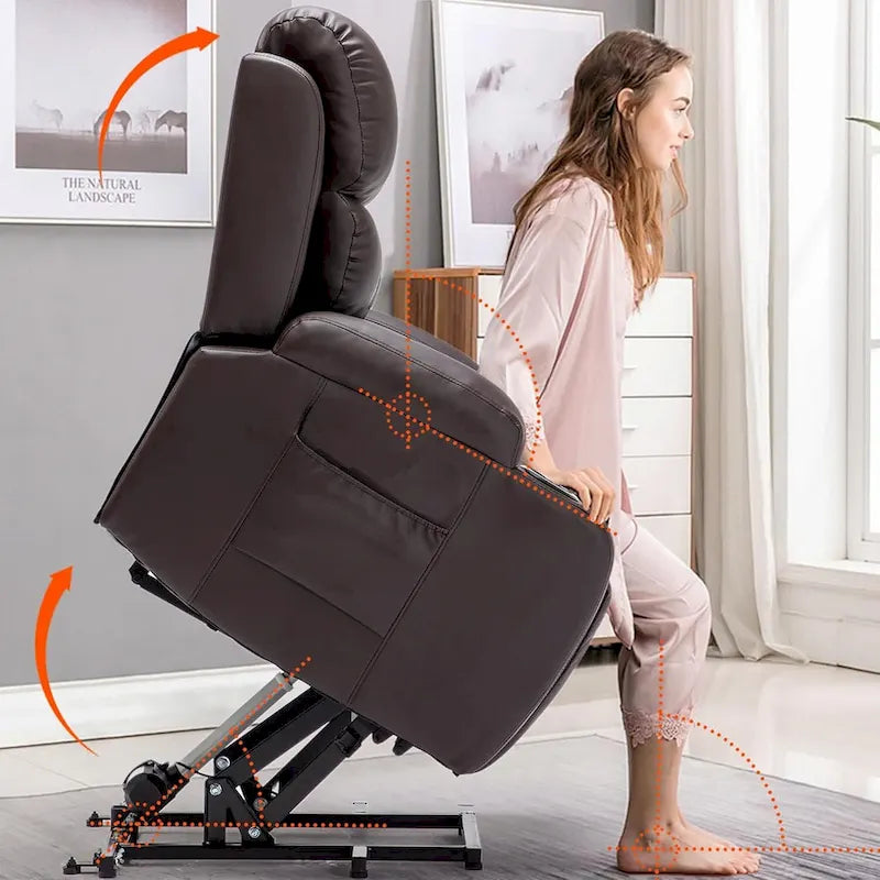 Übergroßer elektrischer Aufstehsessel mit Massage und Wärmefunktion, Kunstleder, USB-Anschluss, Getränkehaltern und Taschen