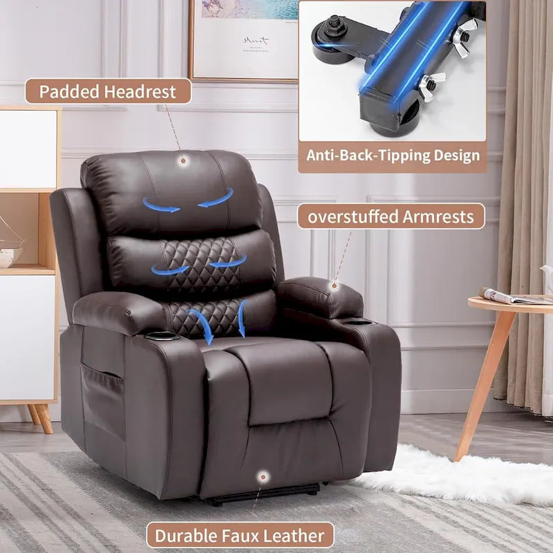 Übergroßer elektrischer Aufstehsessel mit Massage und Wärmefunktion, Kunstleder, USB-Anschluss, Getränkehaltern und Taschen