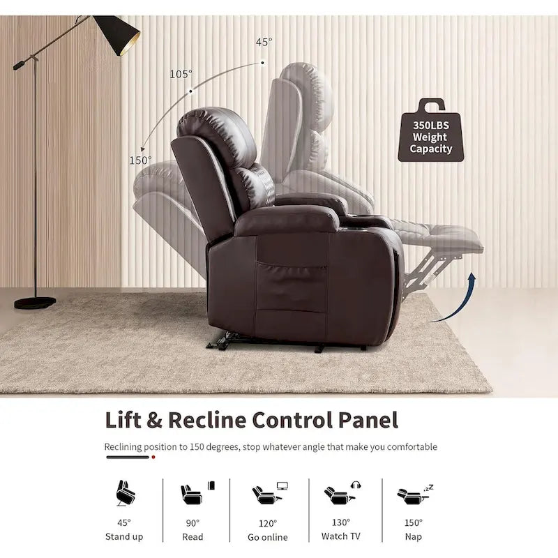 Übergroßer elektrischer Aufstehsessel mit Massage und Wärmefunktion, Kunstleder, USB-Anschluss, Getränkehaltern und Taschen