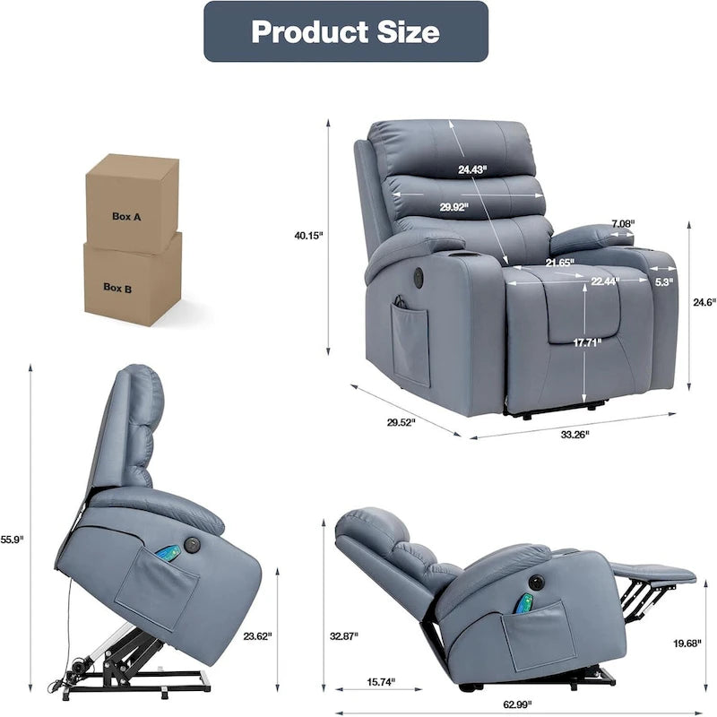 Übergroßer elektrischer Aufstehsessel mit Massage und Wärmefunktion, Kunstleder, USB-Anschluss, Getränkehaltern und Taschen