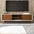 Origineller weißer TV-Ständer im Mid-Century-Stil mit Massivholzgestell und 6 Aufbewahrungsschränken, moderne TV-Konsole in Walnussoptik