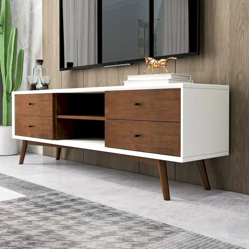 Novedosa mesa para TV blanca de estilo moderno de mediados de siglo, con estructura de madera maciza y 6 armarios de almacenamiento, consola para TV moderna de nogal
