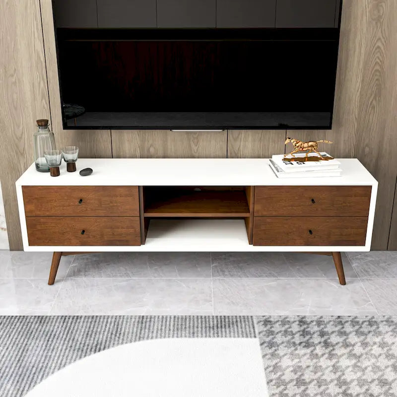 Origineller weißer TV-Ständer im Mid-Century-Stil mit Massivholzgestell und 6 Aufbewahrungsschränken, moderne TV-Konsole in Walnussoptik