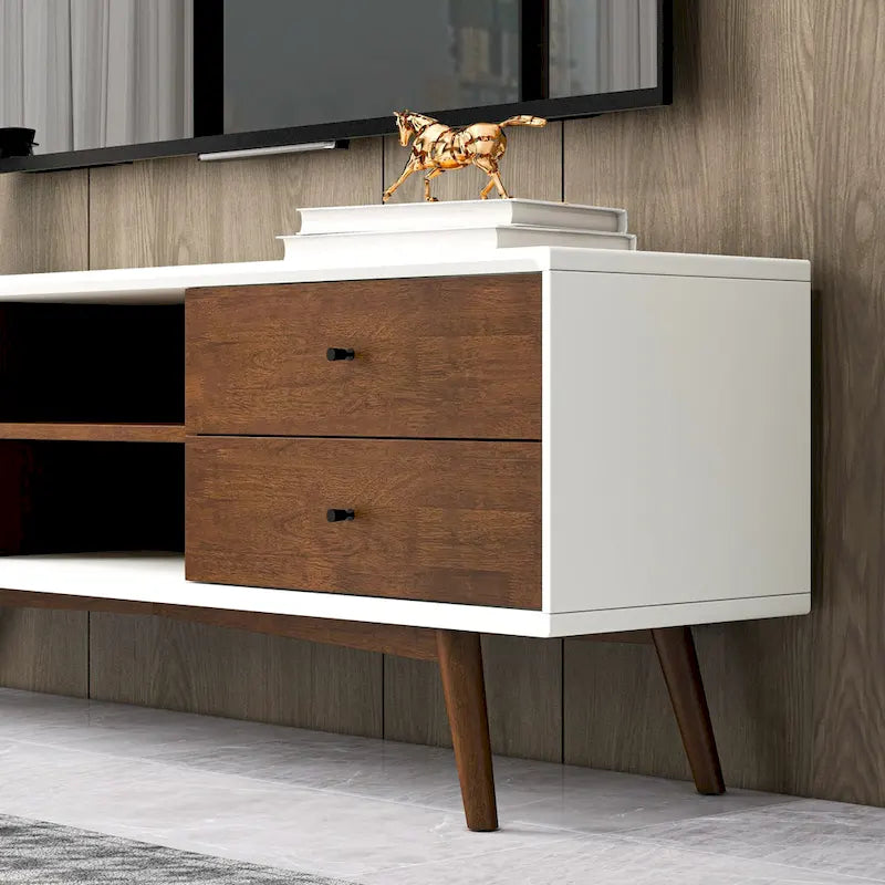 Origineller weißer TV-Ständer im Mid-Century-Stil mit Massivholzgestell und 6 Aufbewahrungsschränken, moderne TV-Konsole in Walnussoptik