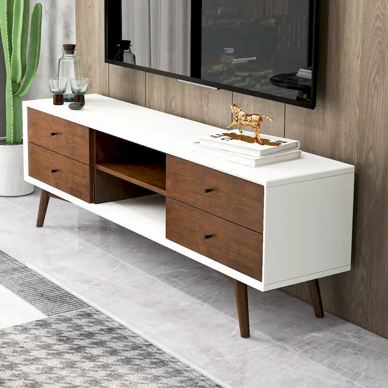 Novedosa mesa para TV blanca de estilo moderno de mediados de siglo, con estructura de madera maciza y 6 armarios de almacenamiento, consola para TV moderna de nogal
