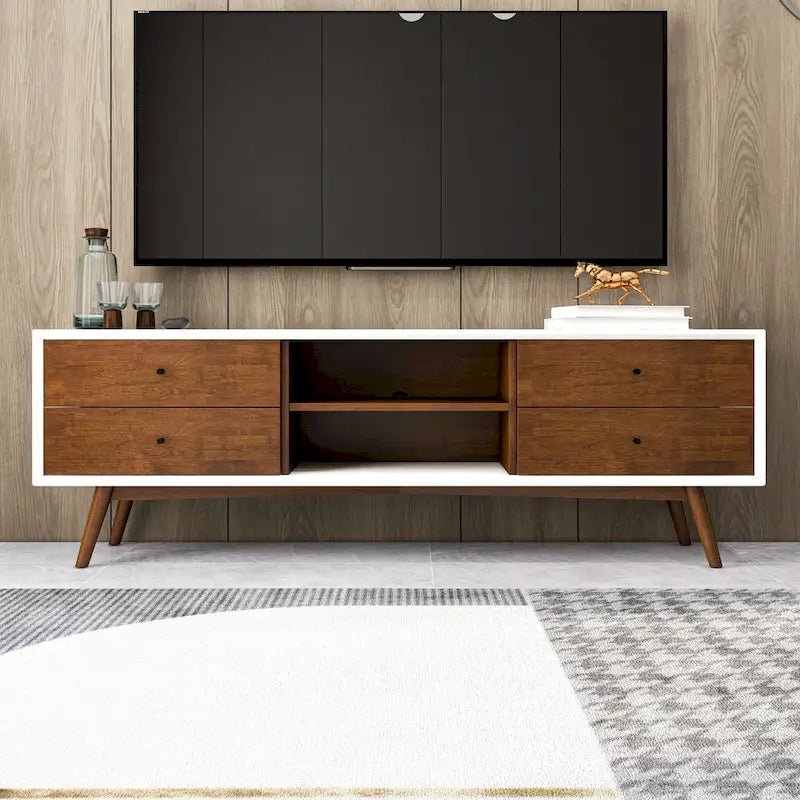 Origineller weißer TV-Ständer im Mid-Century-Stil mit Massivholzgestell und 6 Aufbewahrungsschränken, moderne TV-Konsole in Walnussoptik