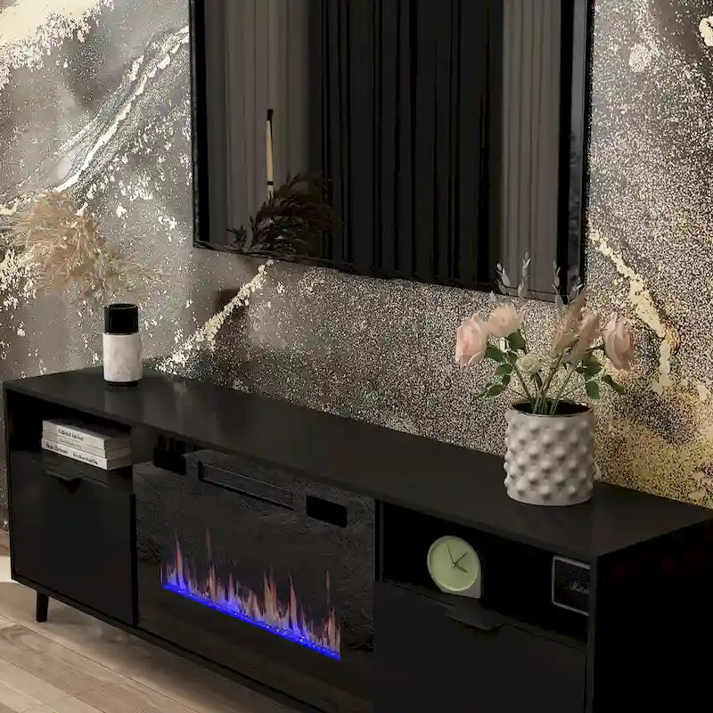 Stimmungsvoller elektrischer Kamin und robuster, energieeffizienter TV-Ständer