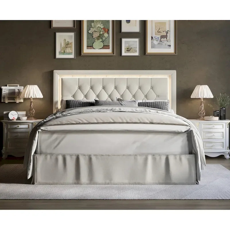Cama de plataforma tapizada con capitoné