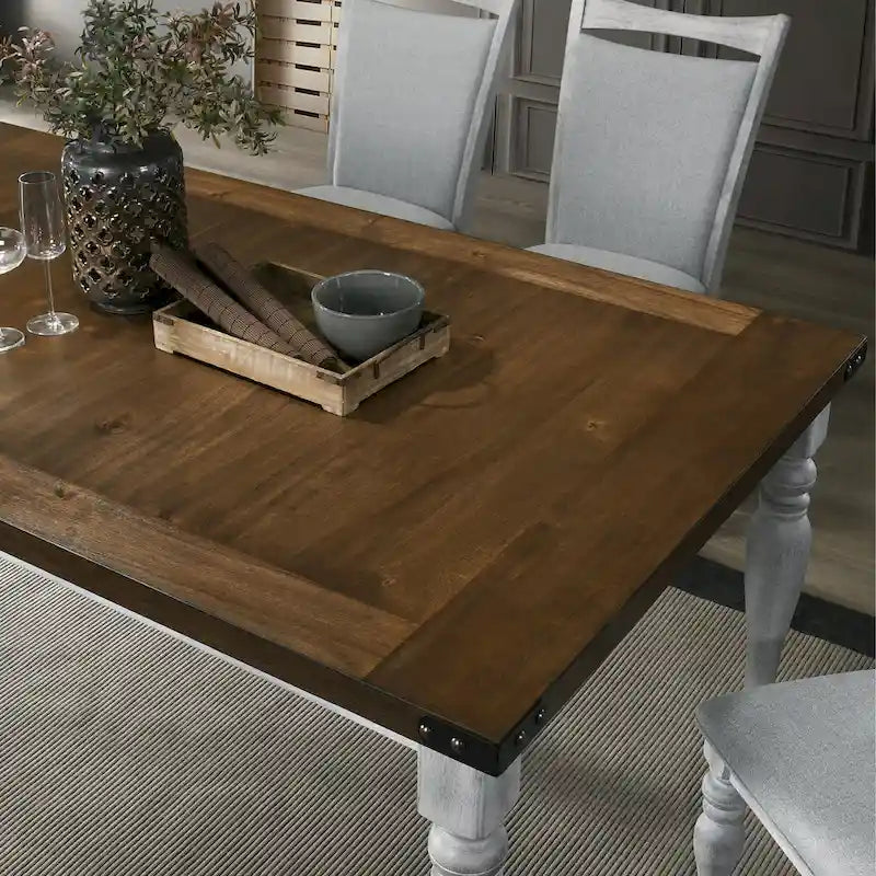 Table de salle à manger en bois bicolore avec pieds tournés, blanc rustique et chêne