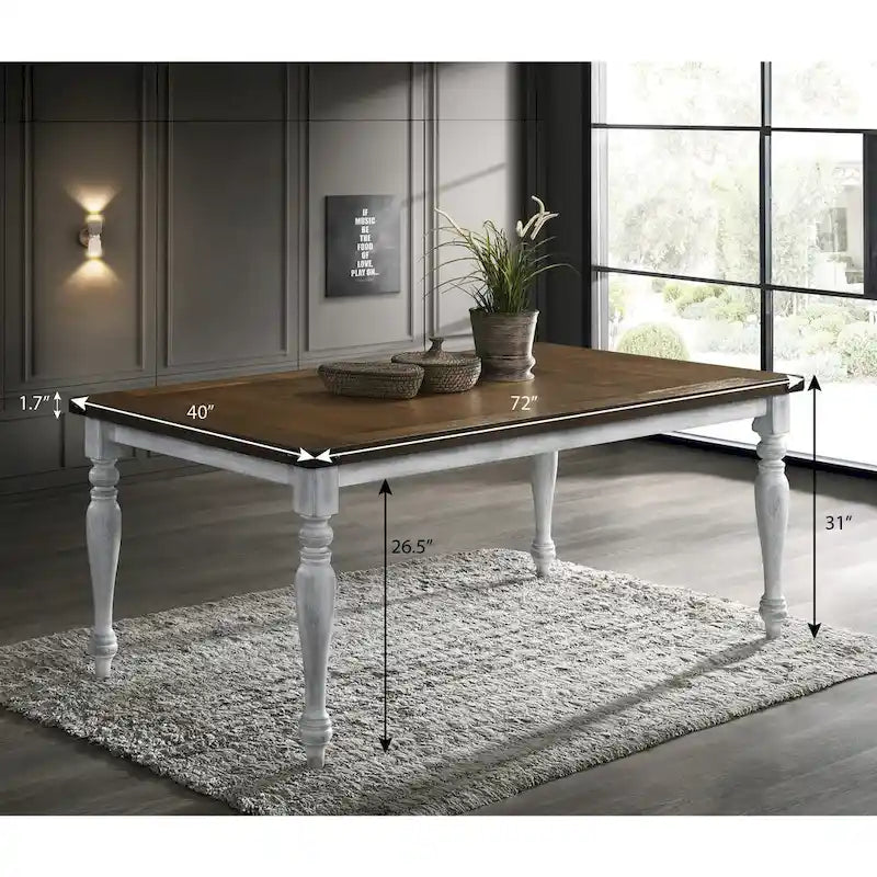 Table de salle à manger en bois bicolore avec pieds tournés, blanc rustique et chêne