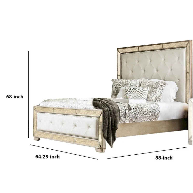 Cama de madera tapizada en cuero sintético, dorado y plateado