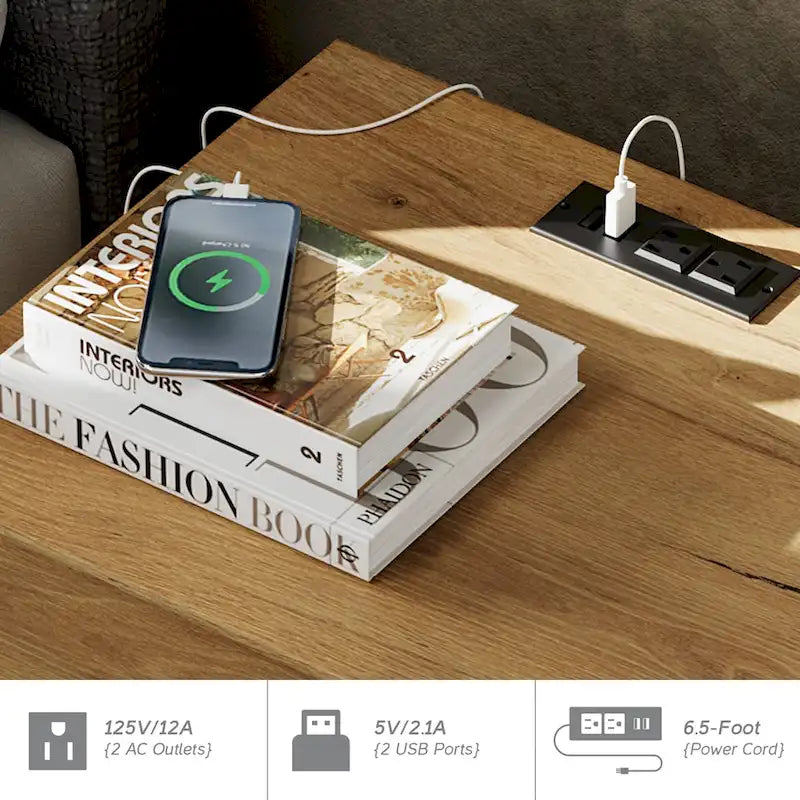 Table d’appoint avec station de recharge et 2 tiroirs pour le salon