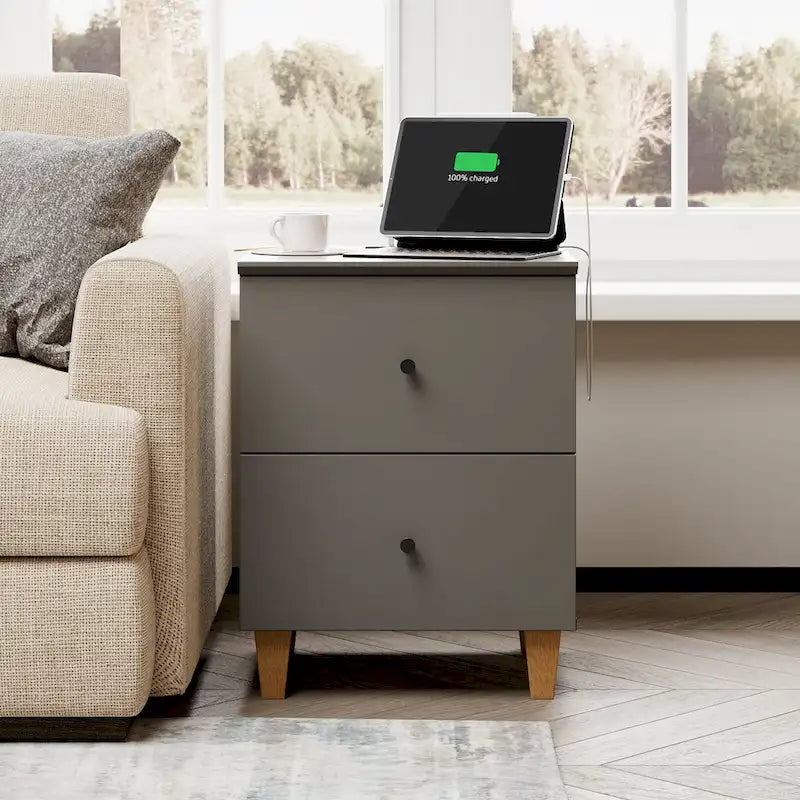 Table d’appoint avec station de recharge et 2 tiroirs pour le salon