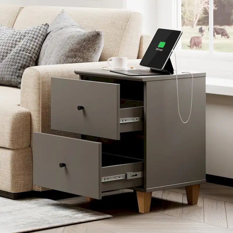Table d’appoint avec station de recharge et 2 tiroirs pour le salon