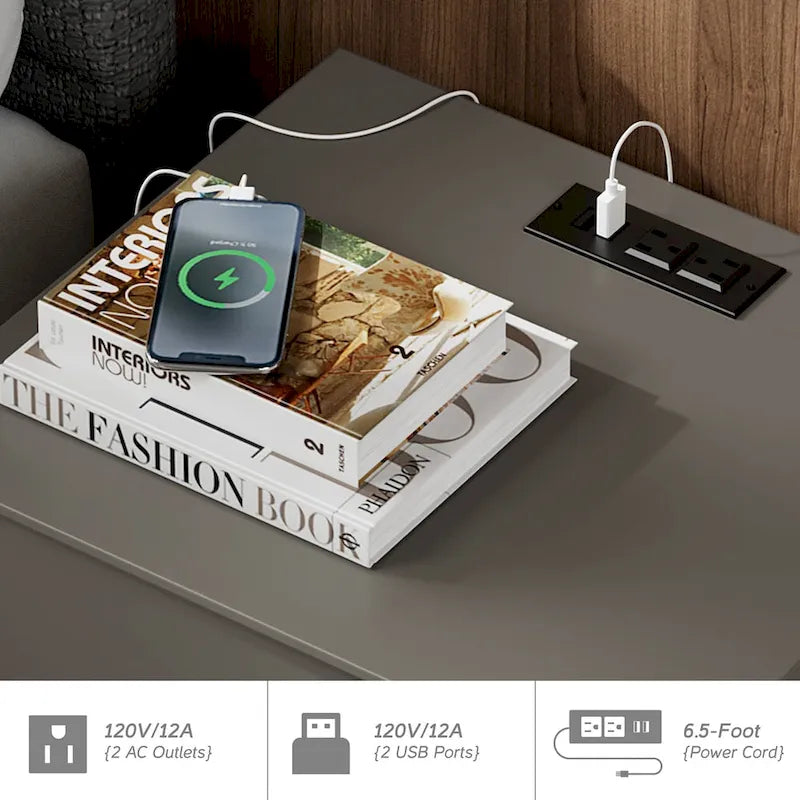 Table d’appoint avec station de recharge et 2 tiroirs pour le salon