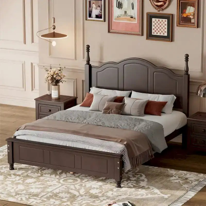 Estructura de cama con plataforma de madera de tamaño doble, estilo retro