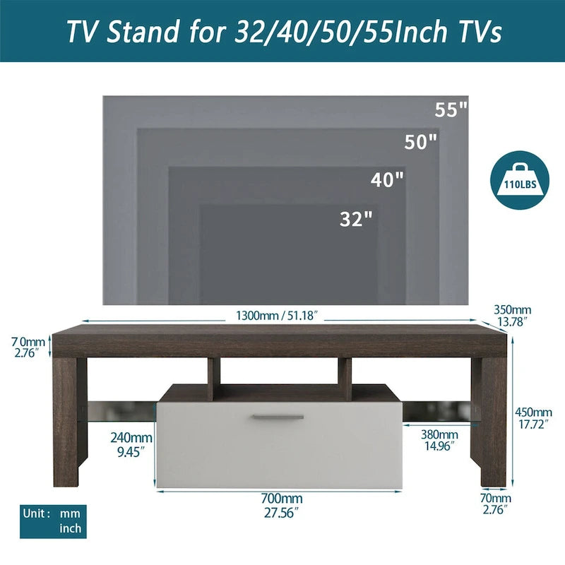 Mueble para TV Morden de 51 pulgadas, compatible con televisores de hasta 55-in, con luces LED que cambian de color