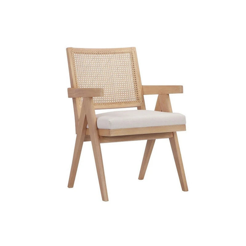 Sillón de 24 pulgadas con respaldo de rejilla de caña, terciopelo blanco roto y estructura de madera marrón