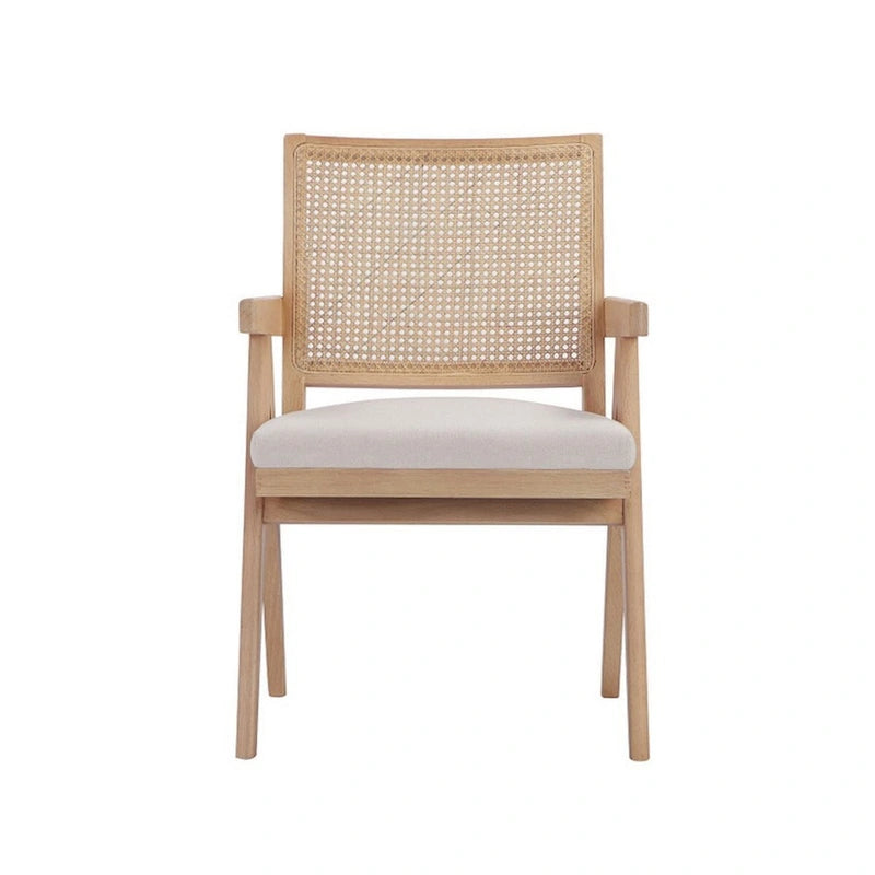 Sillón de 24 pulgadas con respaldo de rejilla de caña, terciopelo blanco roto y estructura de madera marrón