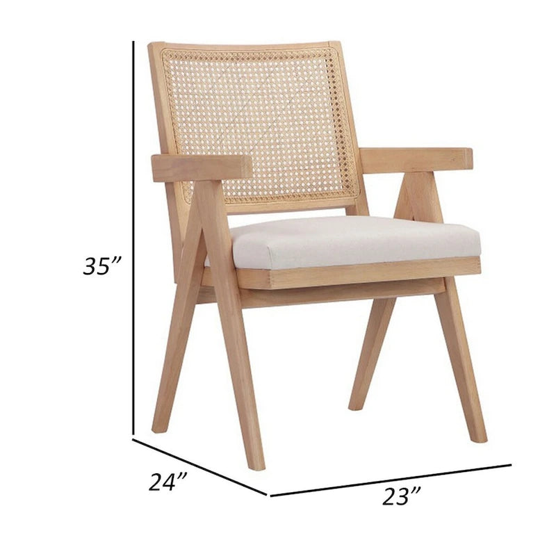 Fauteuil de 24 pouces avec dossier en cannage, velours blanc cassé, cadre en bois brun