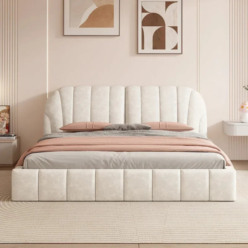 Cama con plataforma tapizada y cabecero de tela gruesa