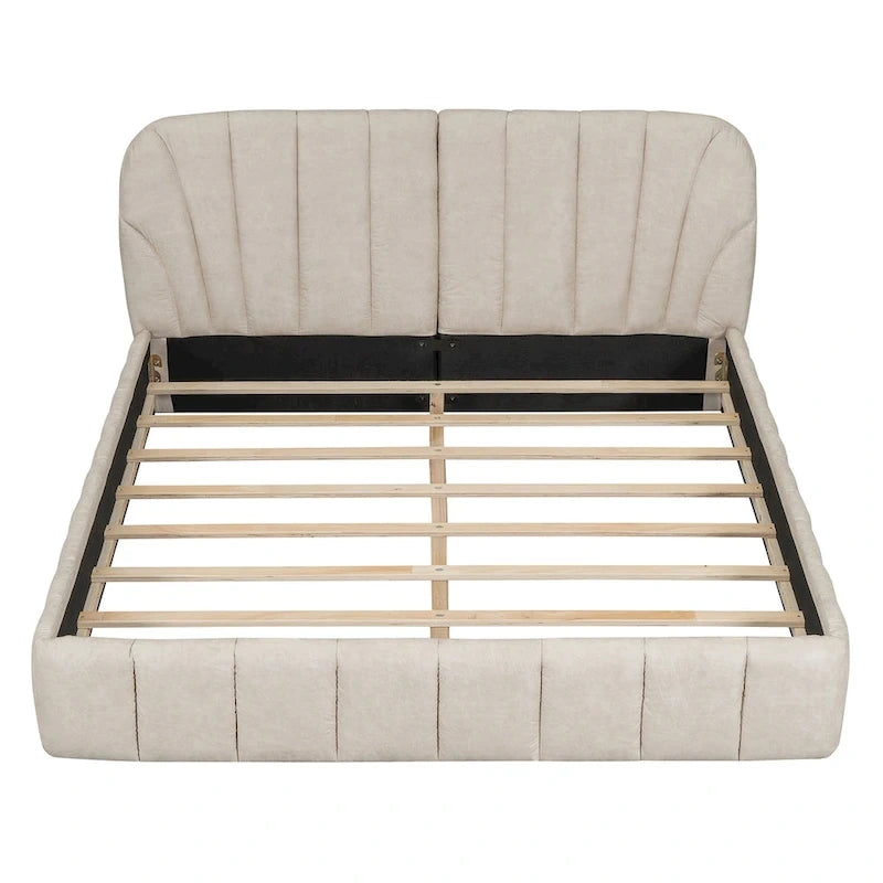 Cama con plataforma tapizada y cabecero de tela gruesa