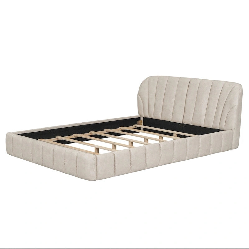 Cama con plataforma tapizada y cabecero de tela gruesa